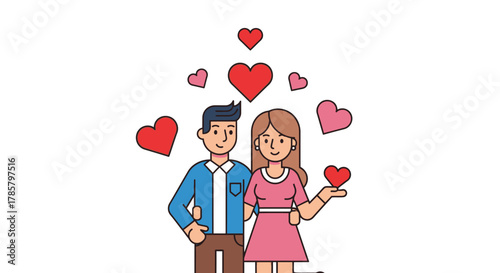 Heartfelt embrace: A couple surrounded by symbols of love in minimalist design with outlined