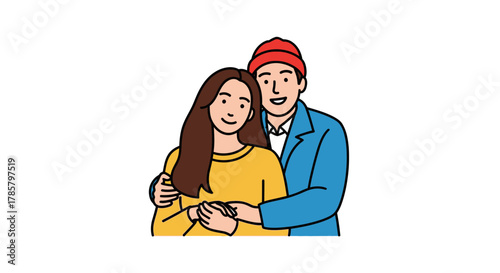 Warm embrace: A young couple's tender moment captured in a heartwarming illustration drawing