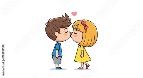 Cartoon depiction of two young children sharing a first sweet kiss under a heart