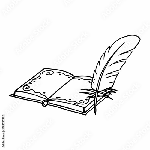 Hand drawn book and quill sketch illustration isolated on white background