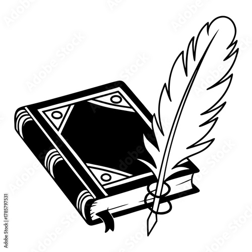 Hand drawn book and quill sketch illustration isolated on white background