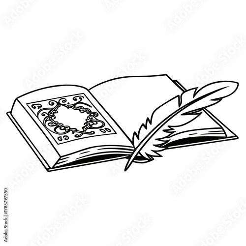 Hand drawn book and quill sketch illustration isolated on white background