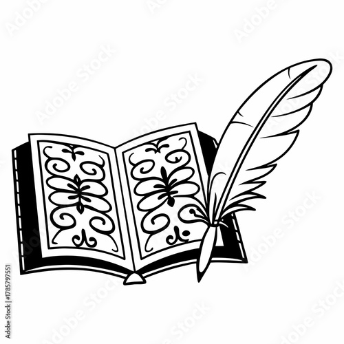Hand drawn book and quill sketch illustration isolated on white background