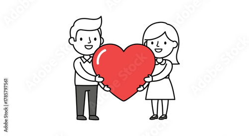 Illustrative couple sharing a large heart expressing love and affection for valentine day
