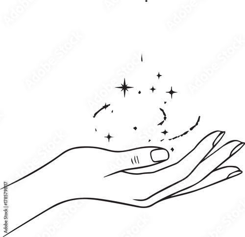 Minimalist vector illustration of female hand holding magic sparkling stars on white background
