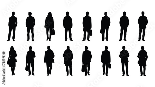 Set of 16 People Silhouettes: Black Vector Cutouts of Business Professionals and Urban Pedestrians Standing and Walking