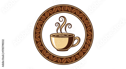 Invigorating hot coffee cup steaming in decorative coffee bean circle, perfect for cafe branding and cozy morning moments