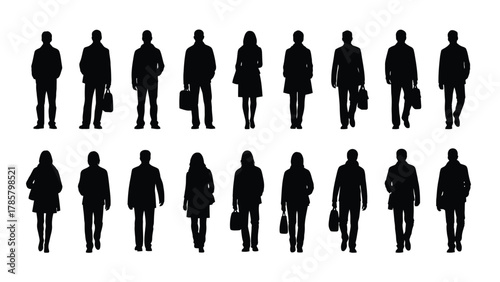 Business People Silhouettes Set. Vector Illustration of Walking and Standing Men and Women Figures for Architectural Drawings, Urban Planning, and Design Projects.