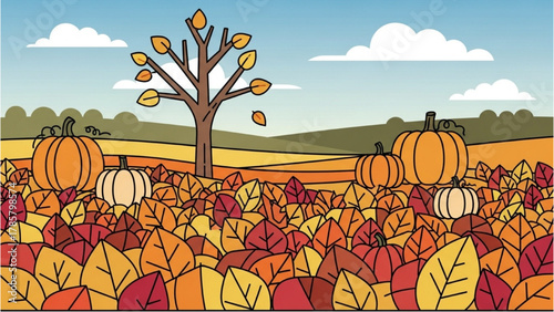 Vibrant autumnal landscape illustration featuring a scenic pumpkin patch amidst a field of colorful falling leaves, perfect for harvest season themes