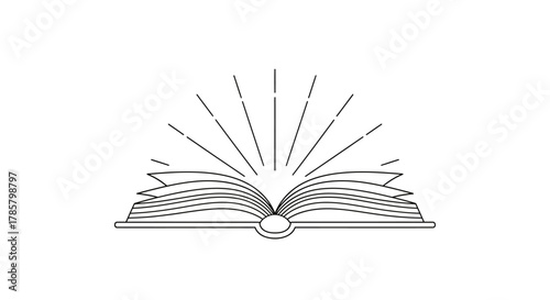 Open book revealing knowledge and ideas with radiant light bursting forth, symbolizing wisdom and enlightenment