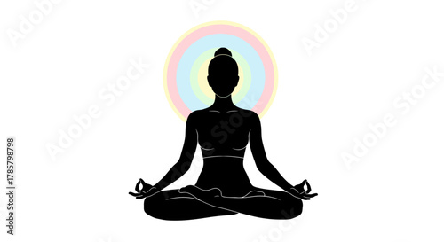 Meditating woman silhouette with rainbow aura, promoting inner peace, mindfulness, and yoga practice for wellness