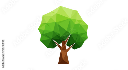 Geometric low poly tree illustration with vibrant green leaves and brown trunk, perfect for nature, environment, and design projects