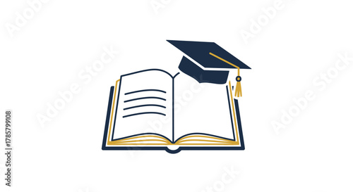 Graduation cap resting atop an open book symbolizing education and academic achievement, perfect for university branding or educational resources promotion
