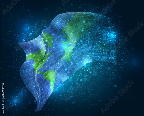 World map, vector 3d flag virtual triangular polygons on a color background