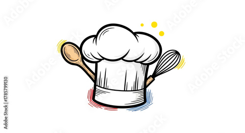 Chef hat with wooden spoon and whisk, perfect for culinary blogs, recipe cards, or restaurant branding, a delightful touch of kitchen charm.