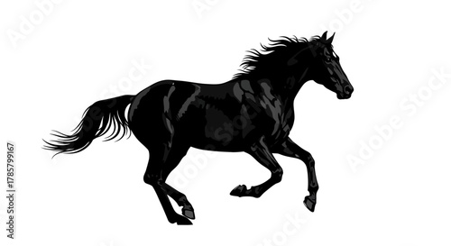 Majestic black stallion galloping freely, a symbol of strength and untamed beauty, ideal for equestrian themes and dramatic visual storytelling