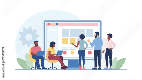 Diverse team of professionals collaborating on a project using laptops and a large computer screen displaying a website or app interface