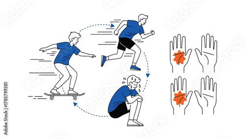 Physical Activity, Hygiene, and Germ Cycle Vector Illustration. Running, Skateboarding, Sweat, and Hand Bacteria Spread Diagram