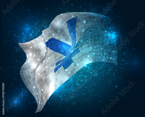 Yen, vector 3d flag virtual triangular polygons on a color background