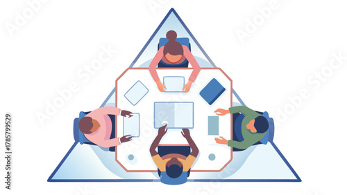 Diverse group of people collaborating around a table with laptops and tablets in a modern meeting room setting