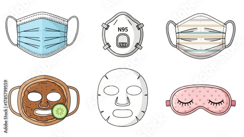 Diverse facial masks medical protection, skincare beauty, and comfortable sleep covers illustrated collection
