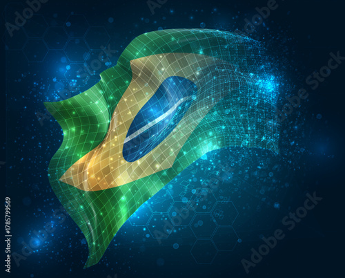 Brazil, vector 3d flag virtual triangular polygons on a color background