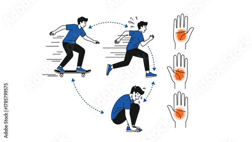 Activity Cycle Diagram: Running, Skateboarding, and Resting Stages with Human Palm Analysis Illustration