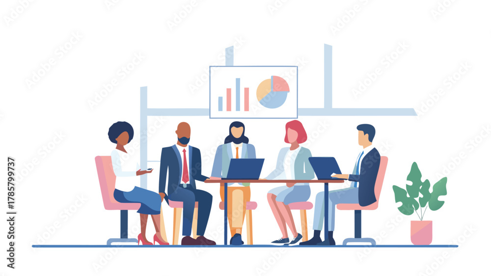 Obraz premium Diverse team of professionals collaborating around a table in a modern office meeting room with charts displayed on a screen