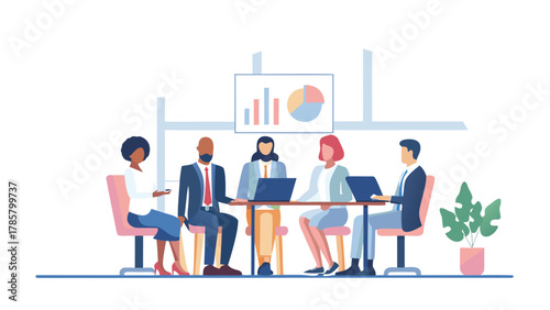 Diverse team of professionals collaborating around a table in a modern office meeting room with charts displayed on a screen