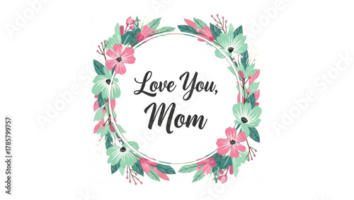 Charming 'Love You, Mom' typography inside a decorative circular flower border