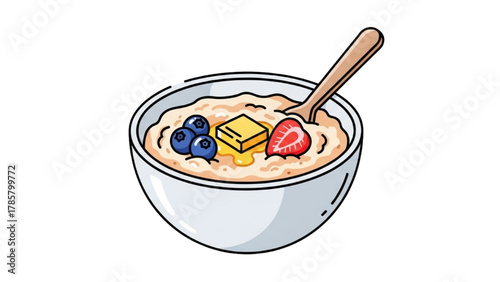Bowl of Oatmeal Topped with Berries and Butter - Wholesome Breakfast Illustration