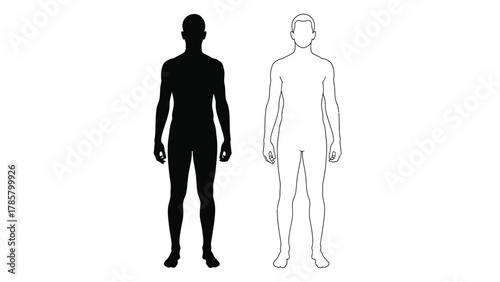 Full Body Male Template: Black Silhouette and Line Outline Drawing for Anatomy, Fashion, or Medical Design