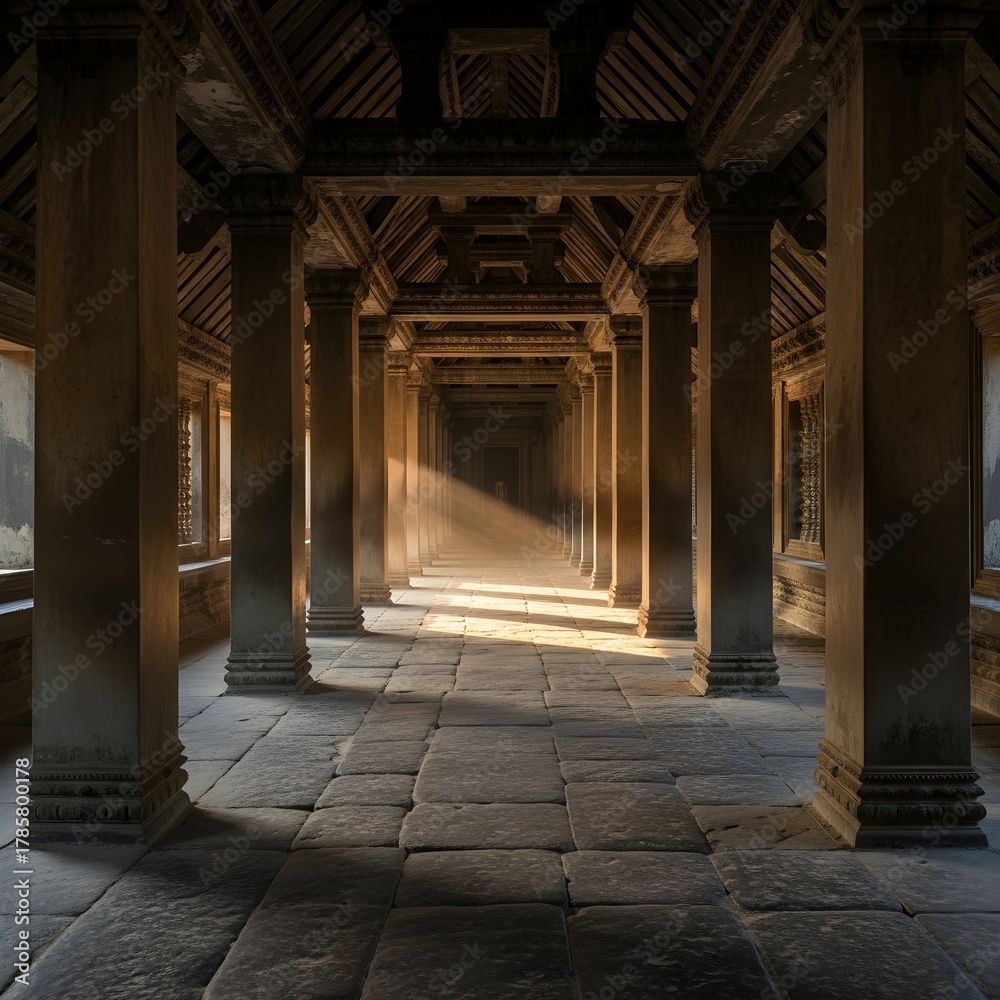 Obraz premium Symmetrical View of Long Corridor in Ancient Temple – Architecture Interior