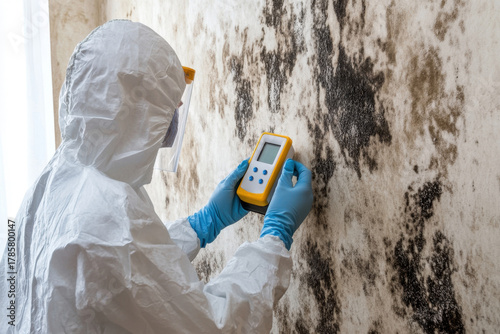 A specialist in a white protective suit and blue gloves inspects a wall affected by green mold with a measuring device. Professional disinfection and elimination of biological hazards in the room