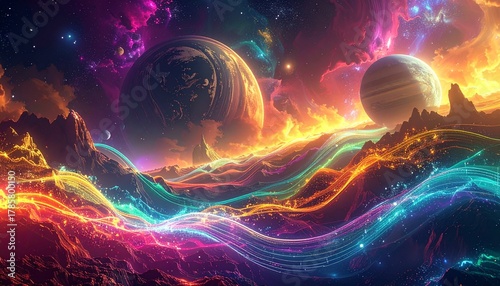 Immersive cosmic dreamscape where pulsating neon energy flows intertwine beneath majestic celestial bodies, creating a vibrant spectacle of light and color across a fantastical abstract landscape