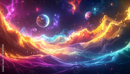Abstract Cosmic Landscape A Symphony of Colors, Planets, and Glowing Nebulae in the Cosmos