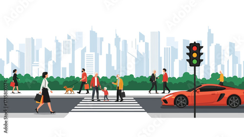 Busy City Street Scene with Pedestrians Crossing Road, Traffic Light, and Car Against Modern Skyline