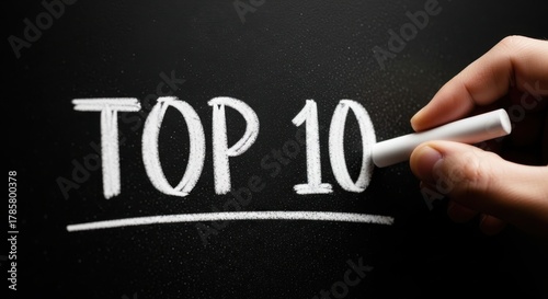 Hand writing top 10 list on a blackboard with white chalk