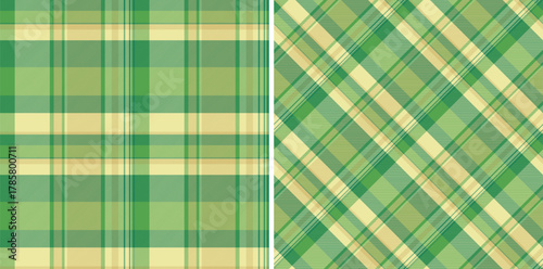 Two seamless plaid patterns side by side, green and beige. Classic textile design ideal for backgrounds, apparel, or digital art projects. Fresh, versatile aesthetic.