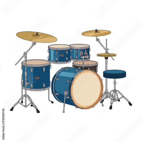 Isolated on white, the full drum kit with drumsticks is ready for a musician to play rock or jazz music