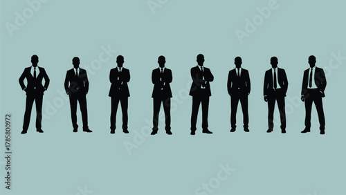 Row of Businessmen Silhouettes Vector Illustration. Group of male professionals in suits standing together, representing corporate team, staff, or leadership concept.