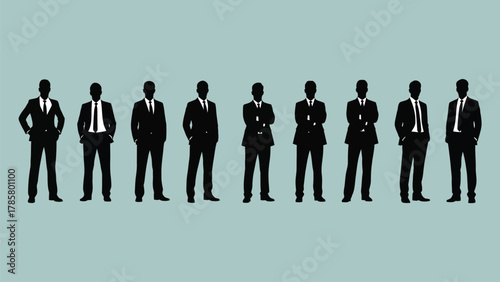Businessmen Silhouettes Vector Illustration Set: Group of Corporate Men in Suits Standing in a Line