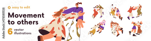 Happy friends, couples meeting, hugging. People glad to see, going towards each other, reconciling. Reunion, bonding relationship concept. Flat graphic vector illustration isolated on white background