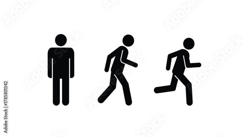 Stick Figure Man Icons Set: Standing, Walking, and Running Pictograms
