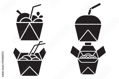 Take Away Box Silhouette Icon Set. Vector Food, Packaging, and Delivery Symbols
