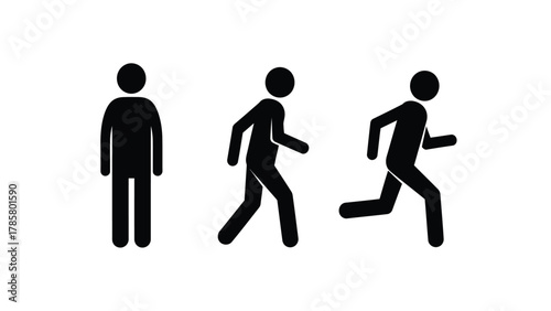 Standing, Walking, and Running Pictograms. Set of Stick Figure Icons Representing Human Movement Stages: Still, Stride, and Sprint.