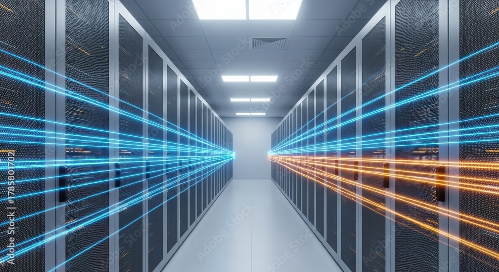 Fototapeta premium Futuristic data center corridor with server racks and glowing blue and orange light streams representing high-speed data transfer
