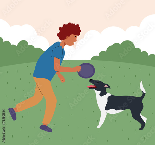 a boy playing frisbee with his dog in the park illustration