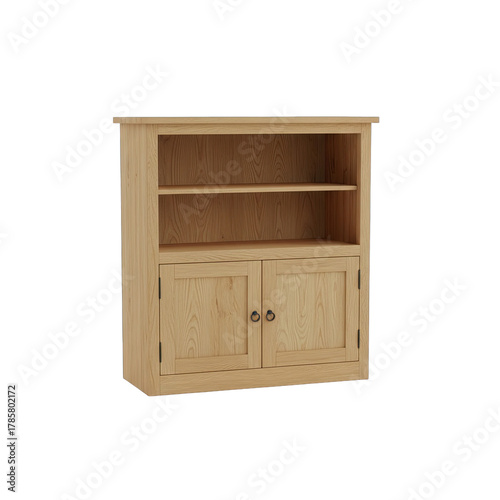 A Light Oak Wooden Bookcase With Two Doors And Two Open Shelves Isolated On A White Background With Natural Wood Grain Texture