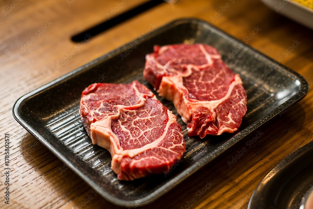Fototapeta premium Freshly sliced raw beef meat displayed on white trays in food market